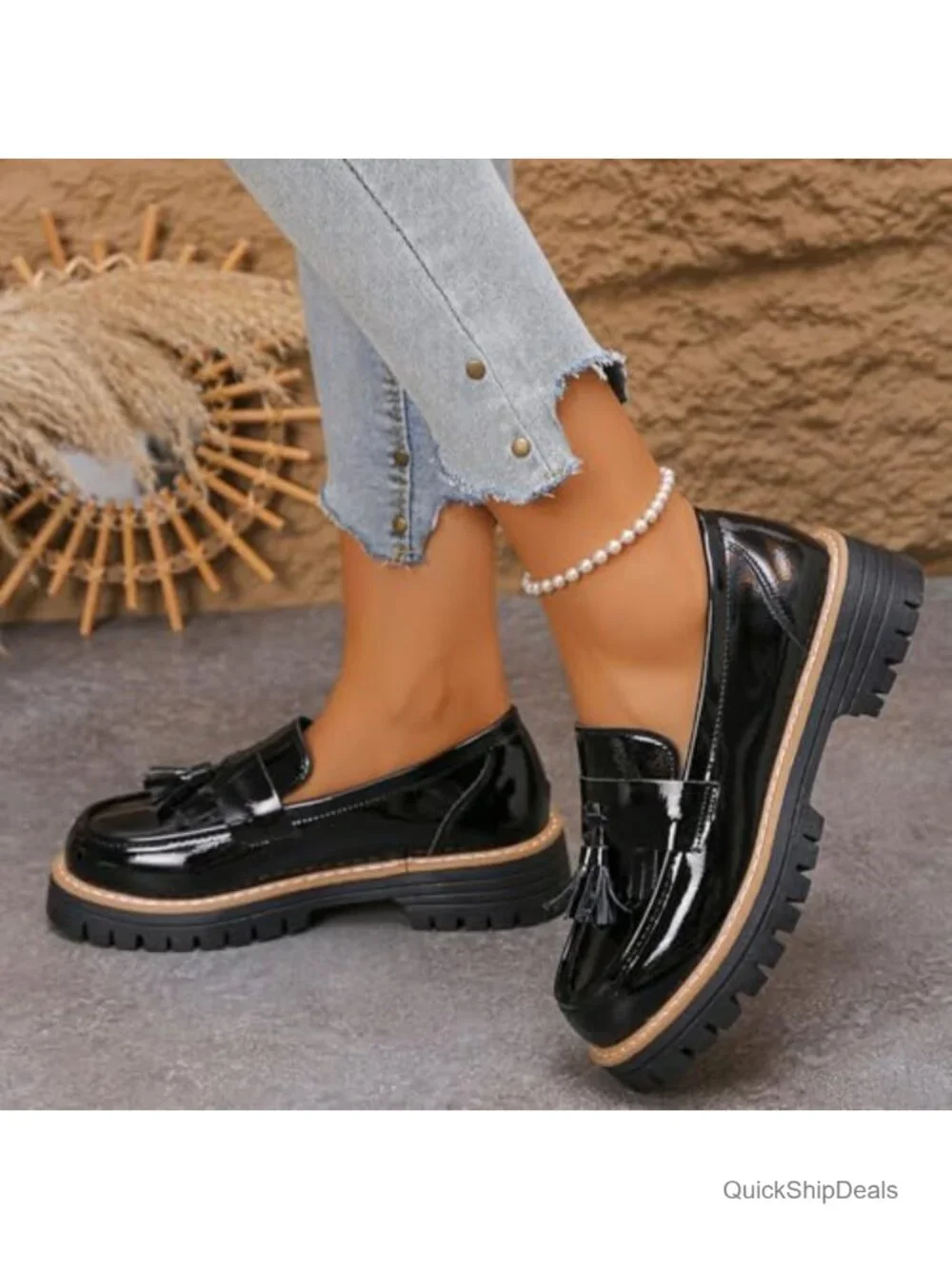 Women's Patent Leather Chunky Heel Penny Loafers Round Toe Slip-On Platform